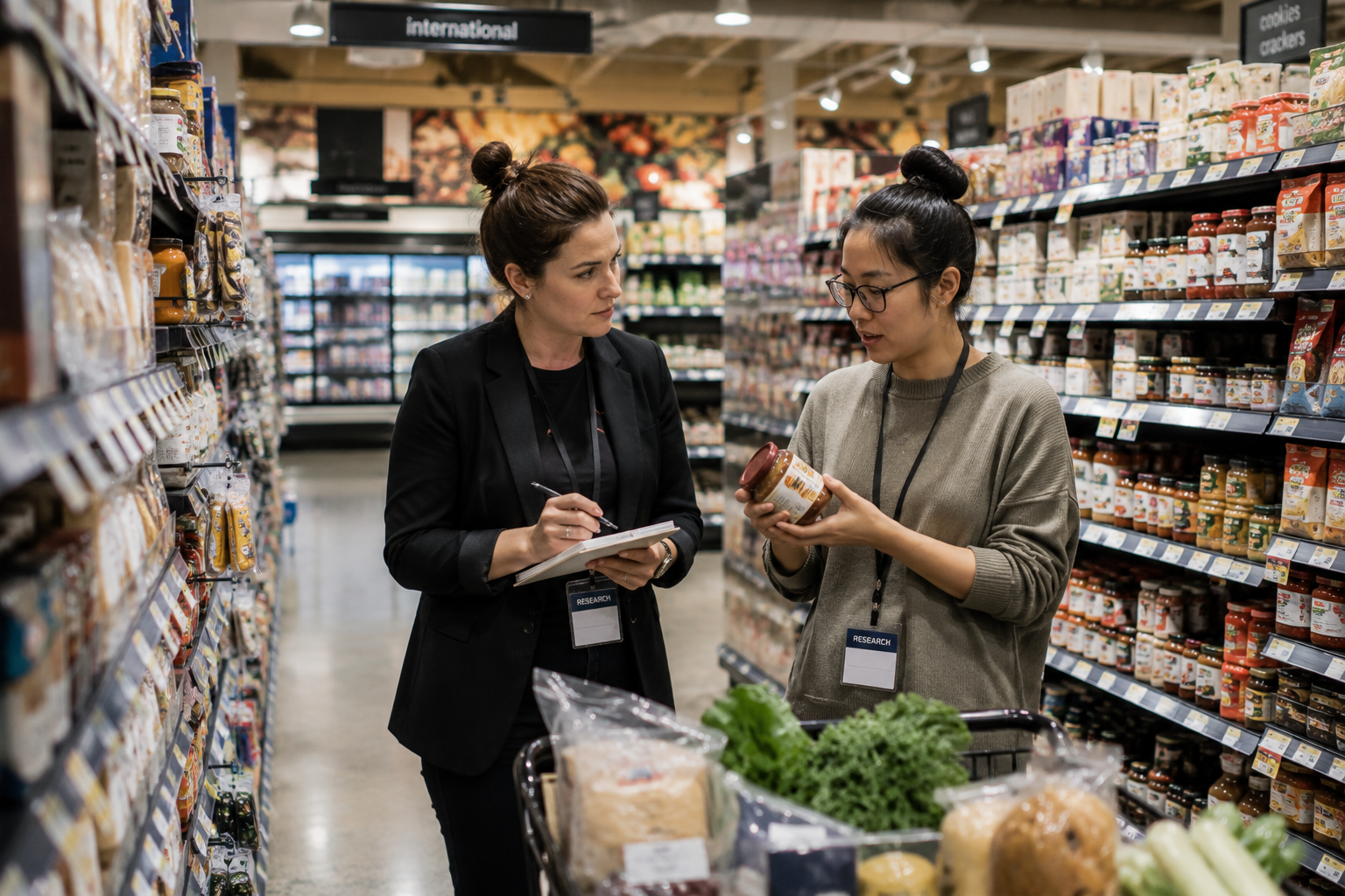 Two women with badges talking in grocery store aisle, one holding a jar of food, surrounded by shelves of jars and packaged food, with produce in shopping cart.
