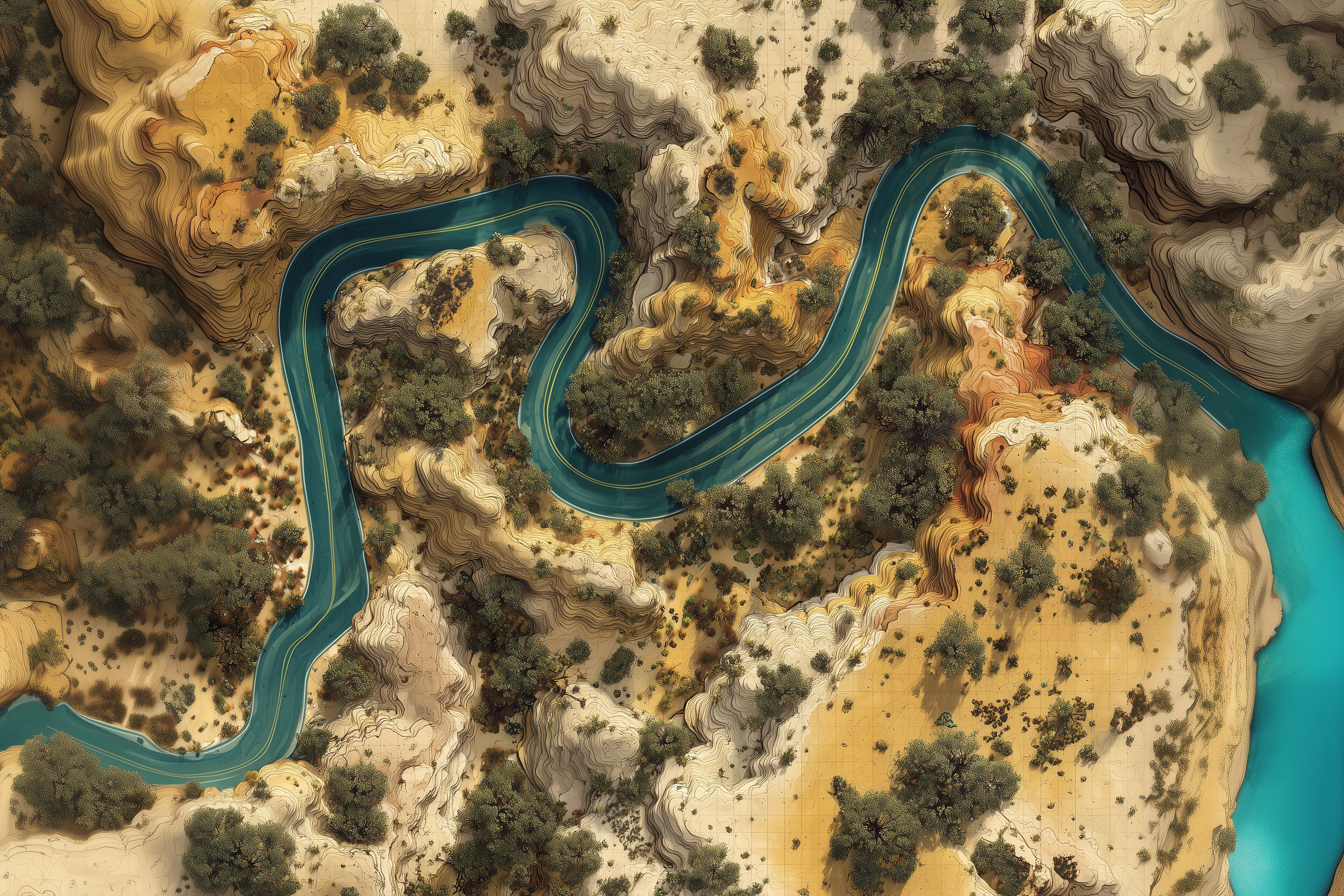A winding river flowing through a desert landscape with scattered trees and rugged terrain.