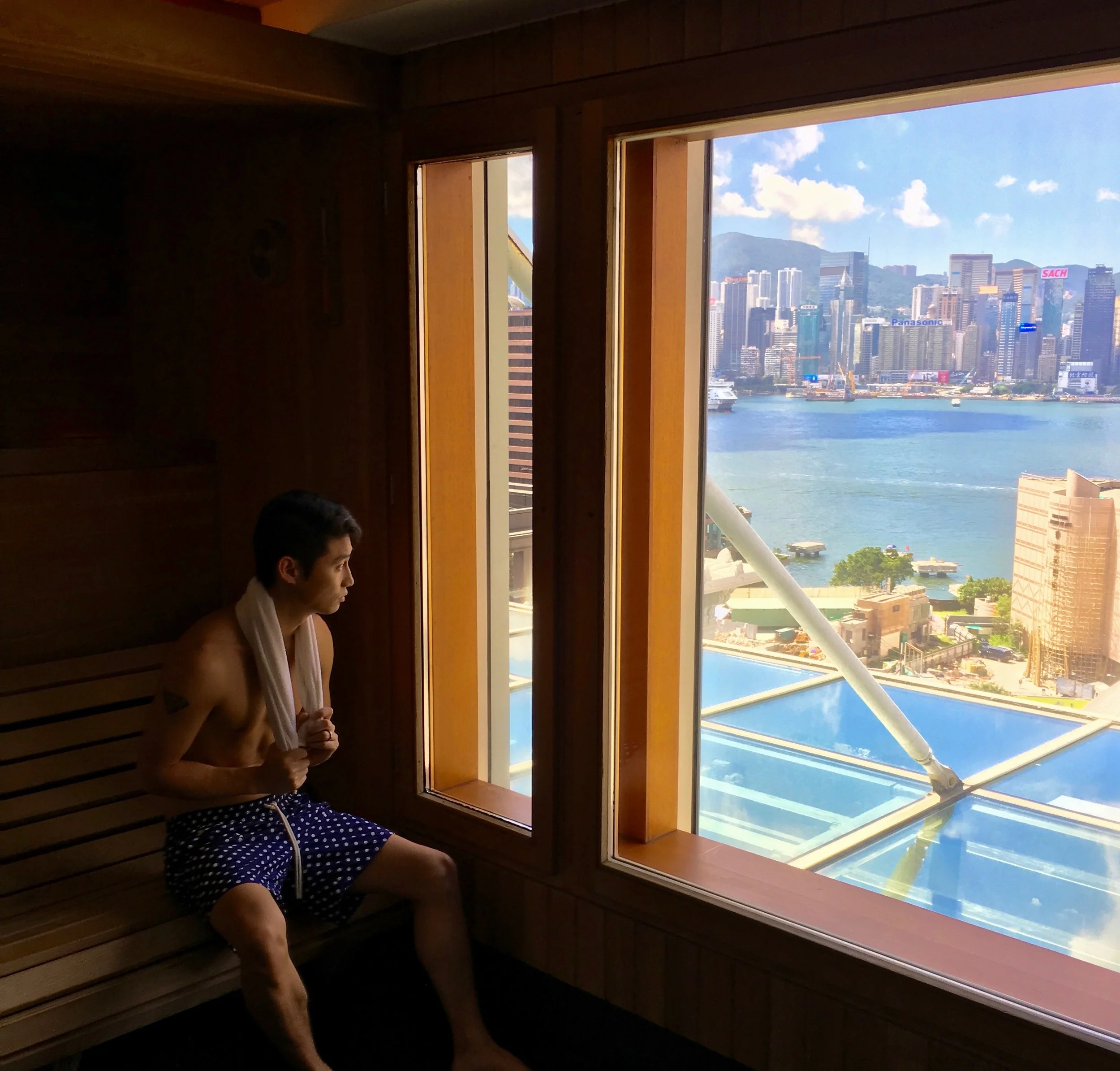 Sauna with a killer view of the Victoria Harbour and Hong Kong skyline