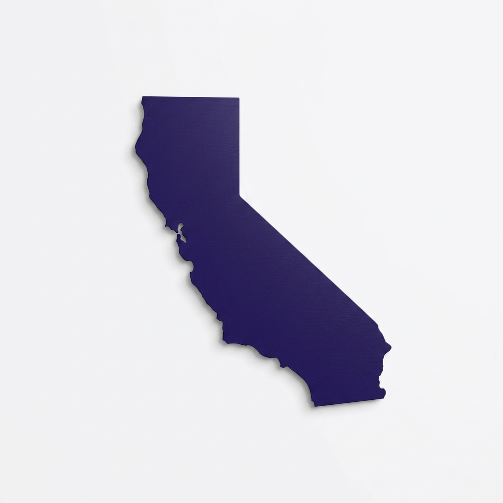 Silhouette of the state of California in dark blue on a white background.