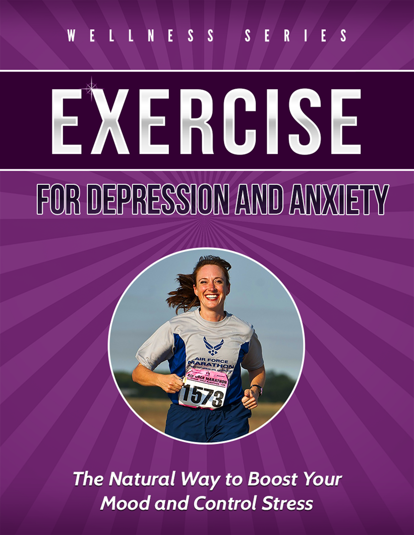 Cover of a wellness book titled "Exercise for Depression and Anxiety" featuring a woman running with a race bib numbered 1573, under the heading "Wellness Series." The text at the bottom reads "The Natural Way to Boost Your Mood and Control Stress." Background is purple with radiating lines.