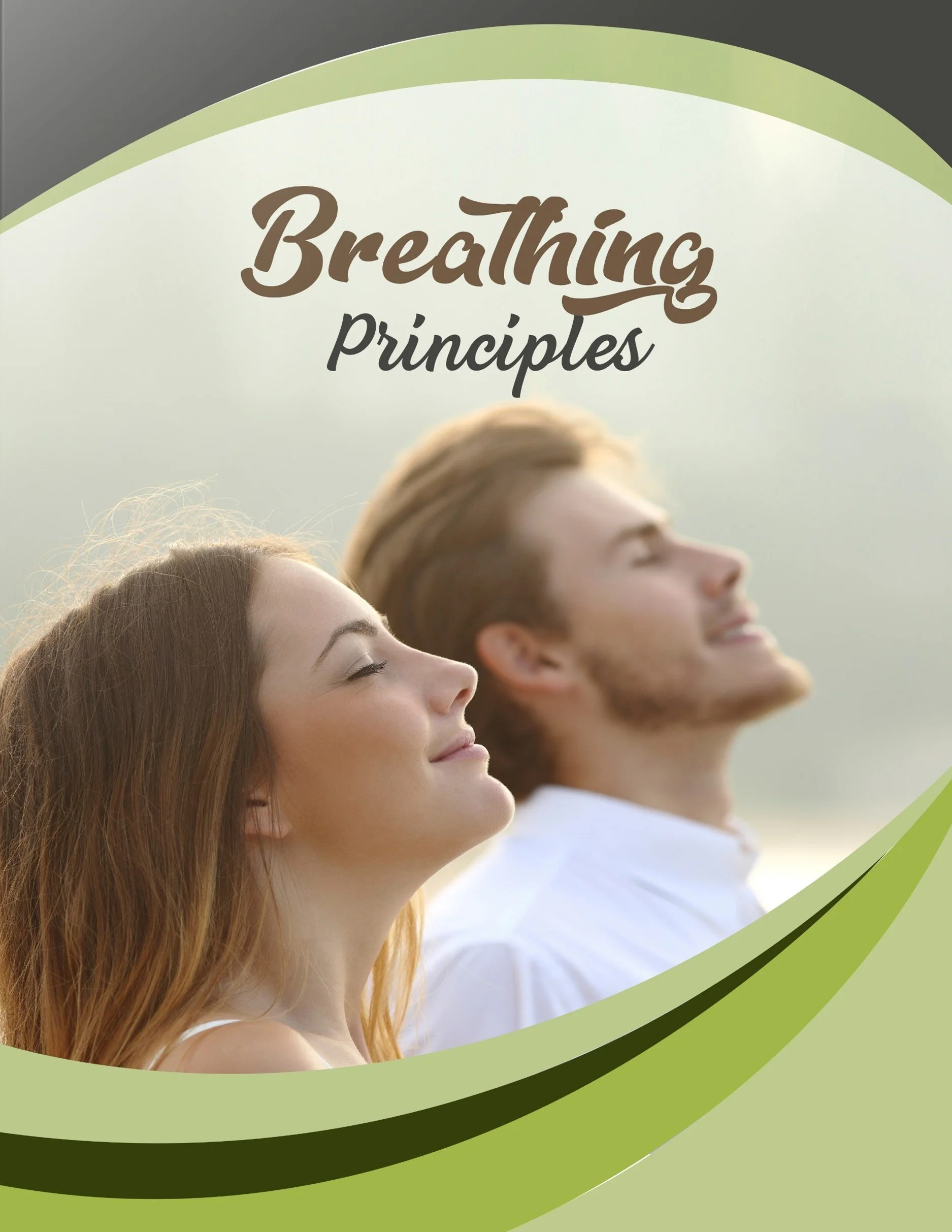 Cover image with the title 'Breathing Principles' showing two people enjoying fresh air outdoors against a green and gray background.