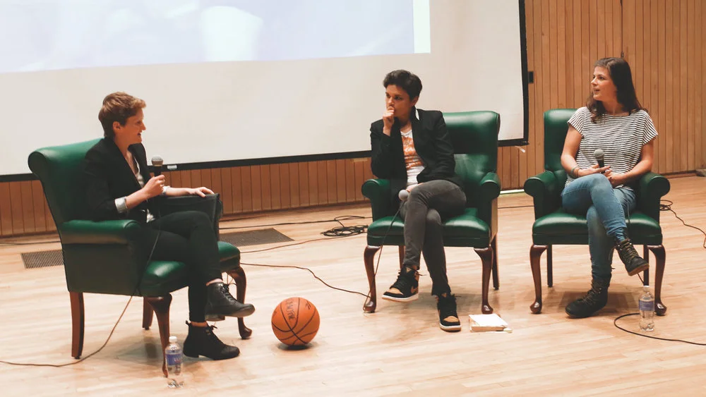 Emily Mangan '16, Softball, moderates conversation with Kate and Kristin during the SYS Speakers Event.