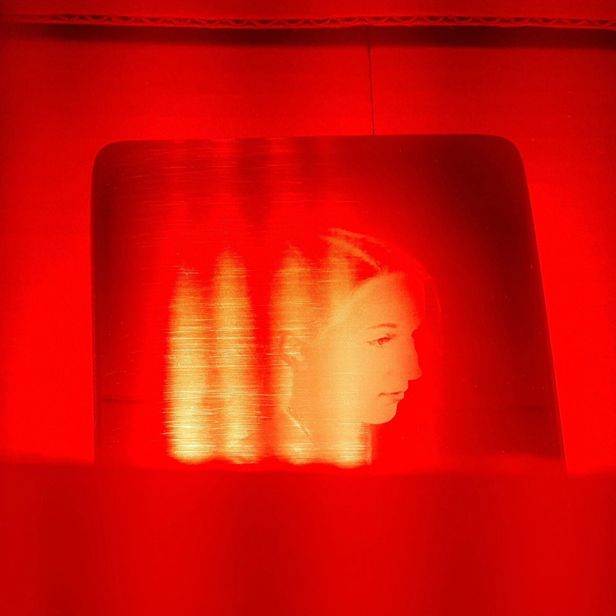 The latent image being developed under a bright LED red safe light.