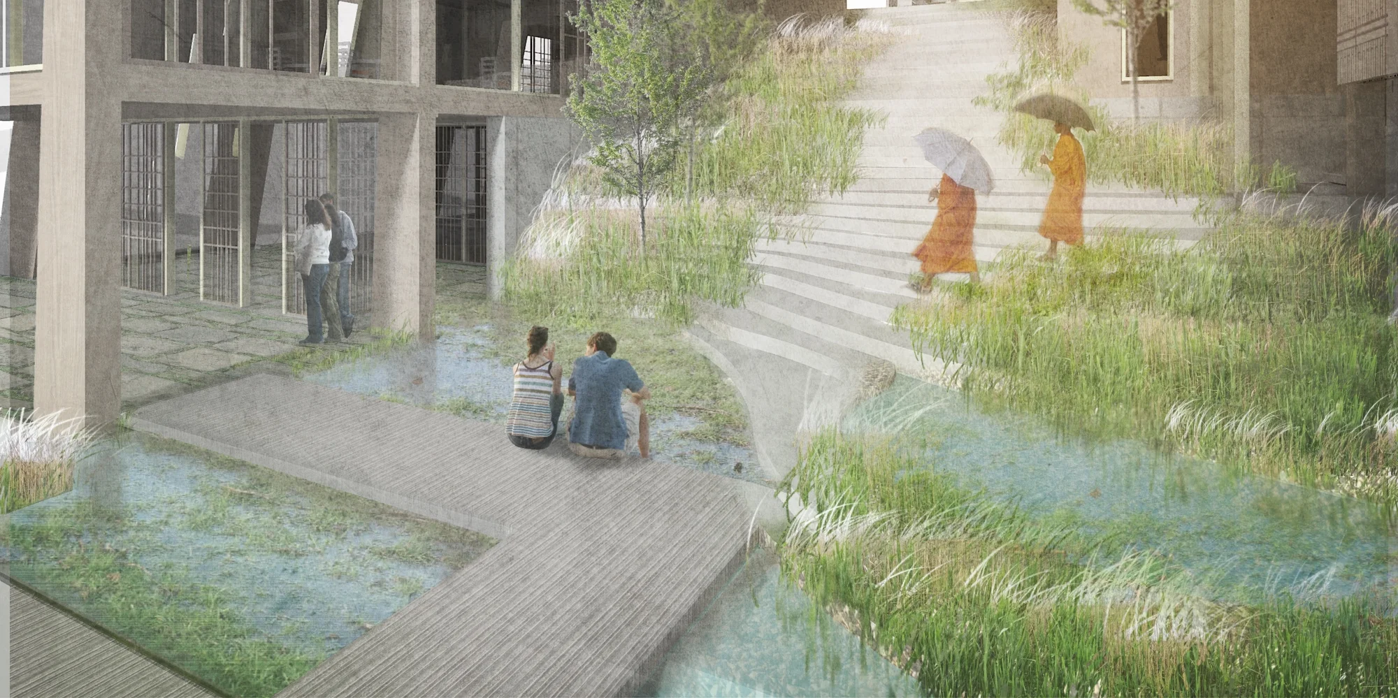 Constructed wetland; lower level, sentō entrance.