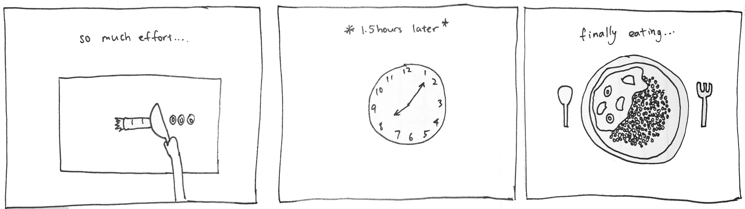 Shows the hassle that goes into preparing and cooking a meal, and how long it can take