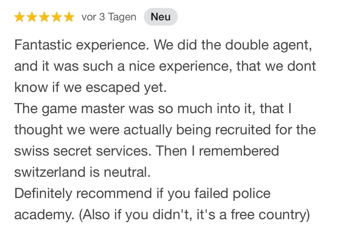 Thank you so much for this amazing review!🤩

Want to find out more? Book the DoubleAgent🕵🏽&zwj;♀️

#review #adventurerooms #escapegame #zurich