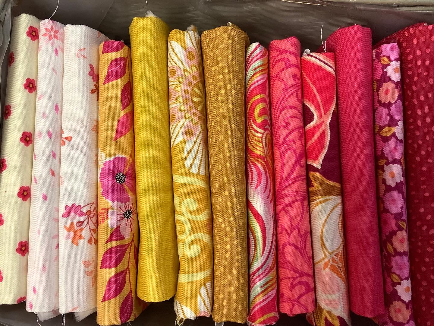 Favourite new hot spot in the shop featuring Creating Memories and Wild Abandon prints.

I just love it when 2 collections of fabrics are perfect partners. It makes the selection of quarters for a project so satisfying. Your quilt will also have a ri