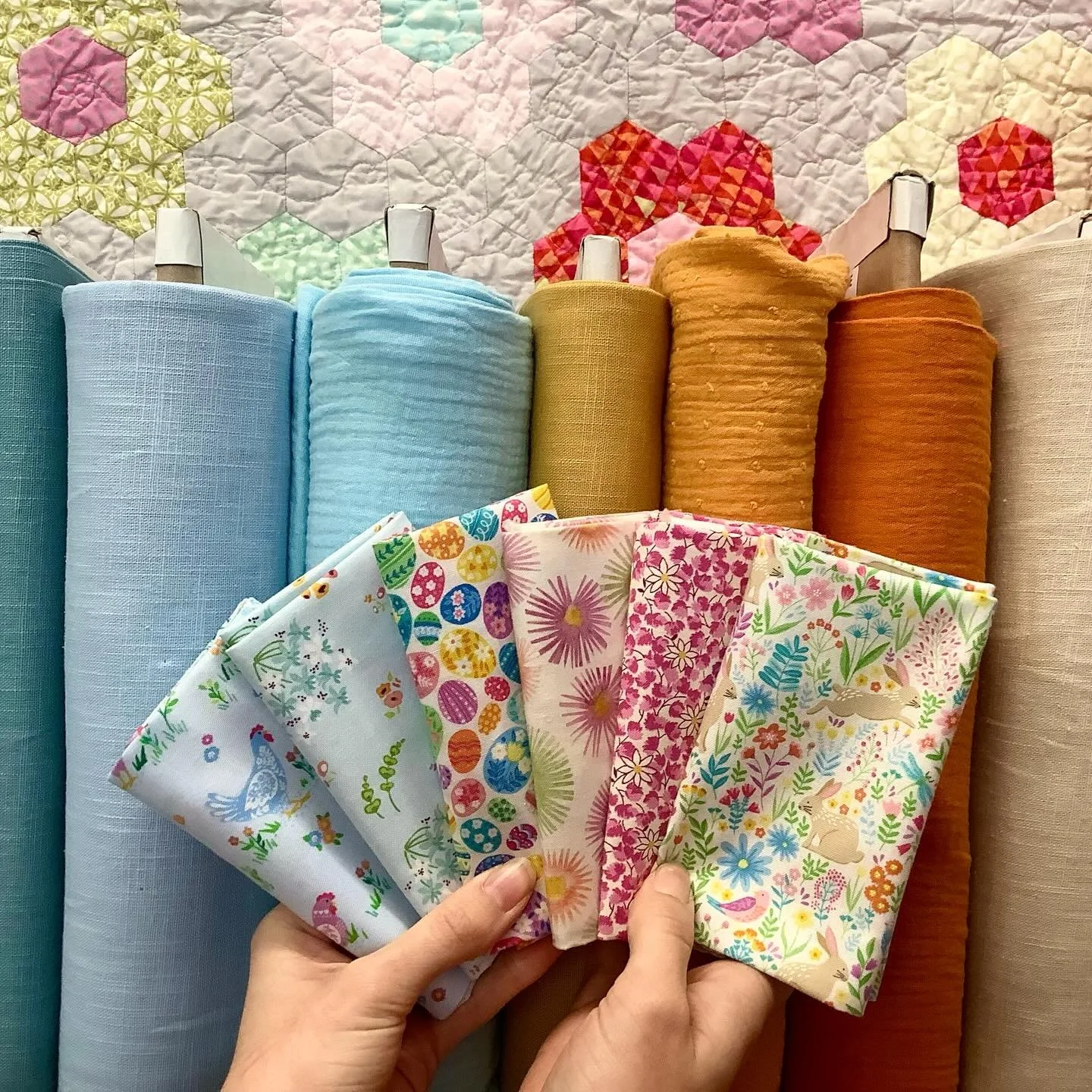 Sally&rsquo;s fat quarter pick of the day has a definite spring feel (love the Easter egg print)! As always, during March, one of these quarters will be on the house.

They look especially good against the fresh pastels of our linen handle and double