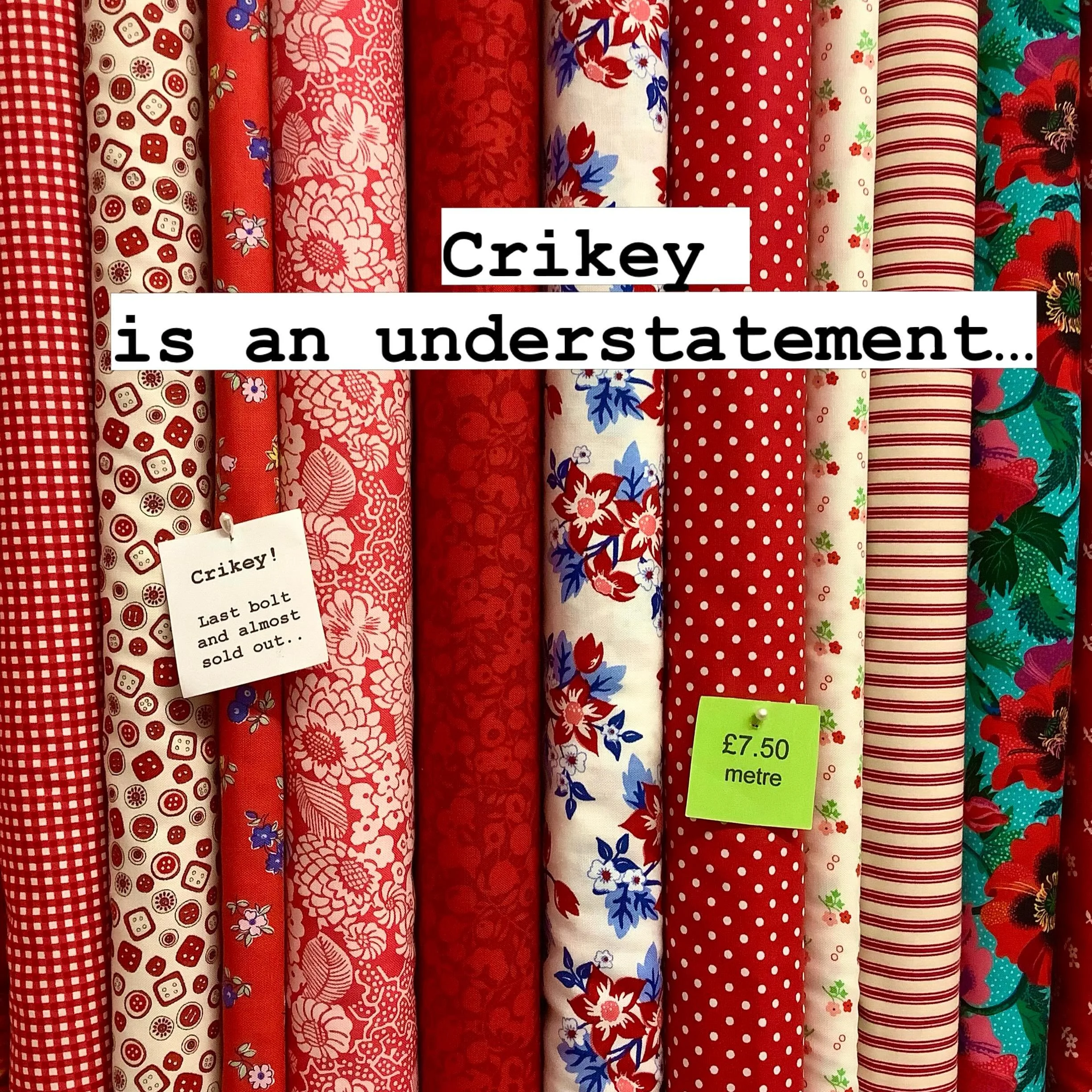 Yesterday we did something that we try to do once a year. (Any more often and I need smelling salts).
Sally counted the number of bolts/rolls of fabric in the shop (and in the stockroom waiting to go on the shopfloor). 😬

Oh my word! Now I thought t