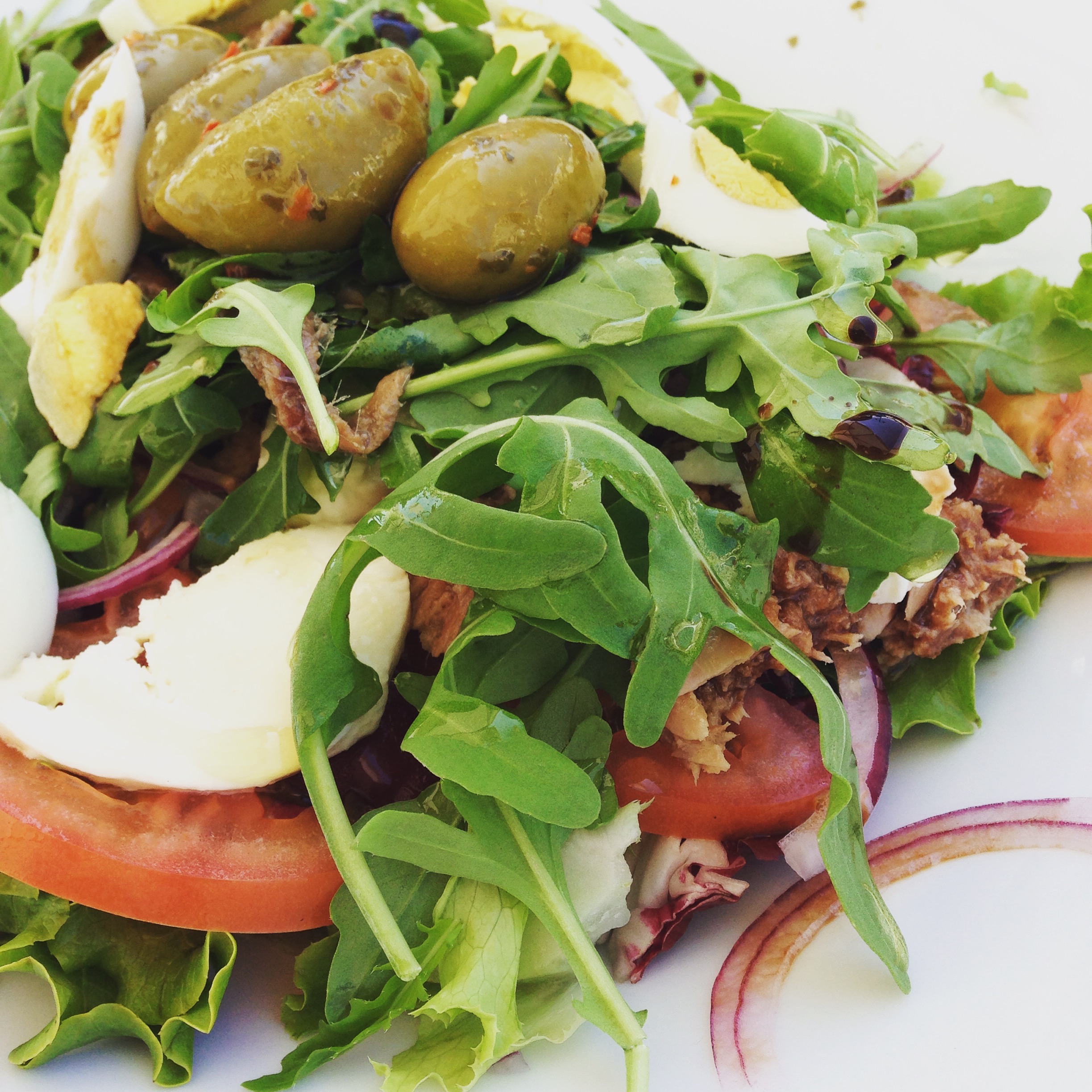 Even the salads are heavy with olives, cheeses, and meats or tuna. 