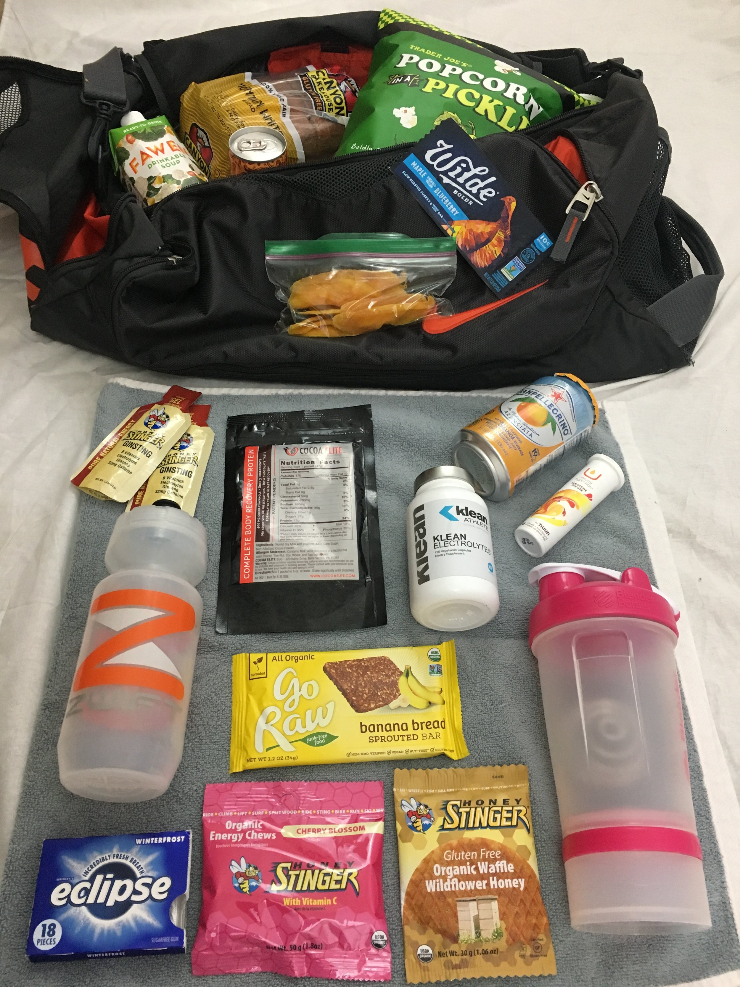 a look at my food options. I take gum along to help calm me before a race start! 