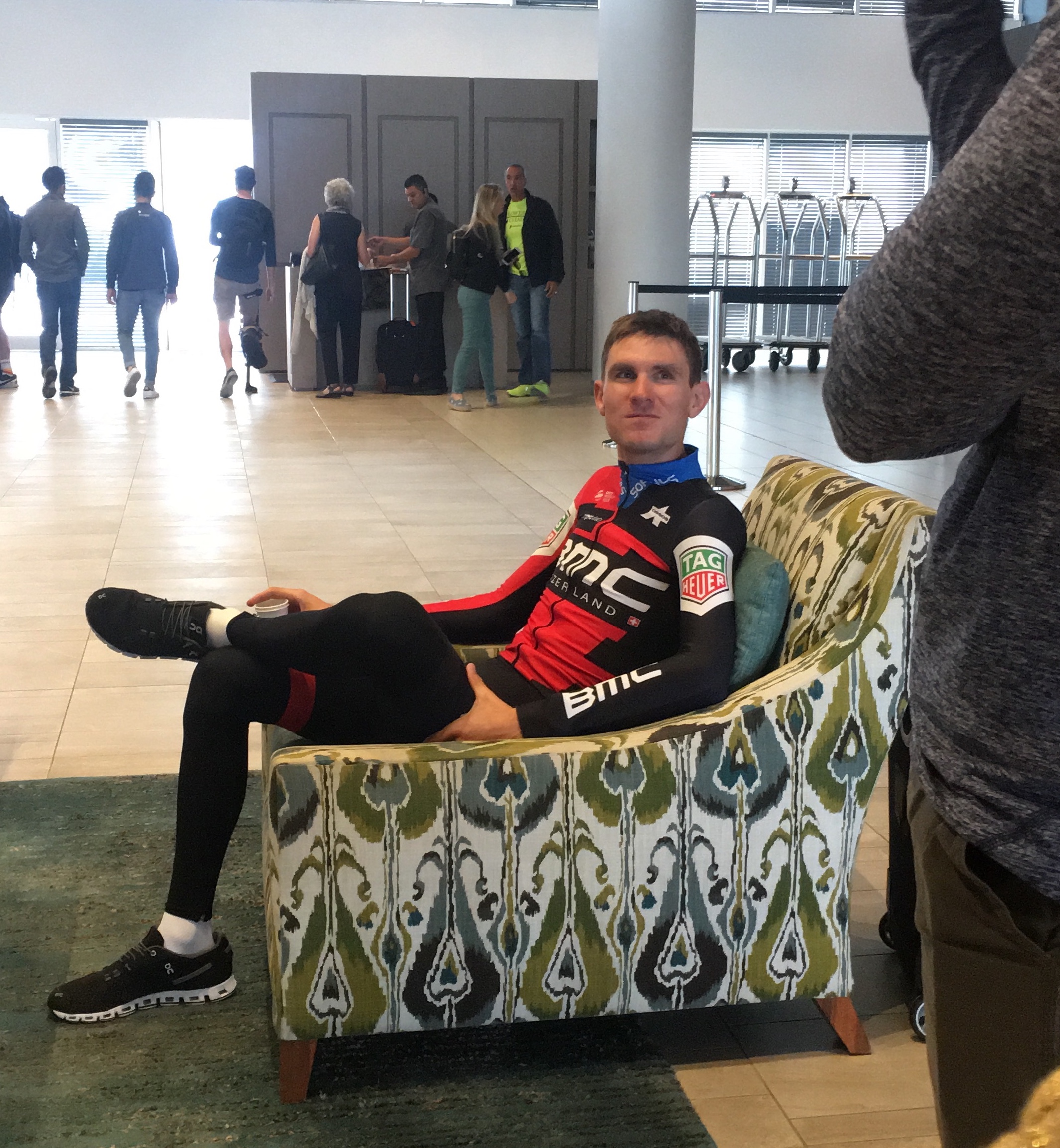 TeJay rests his legs while we chat before stage one.