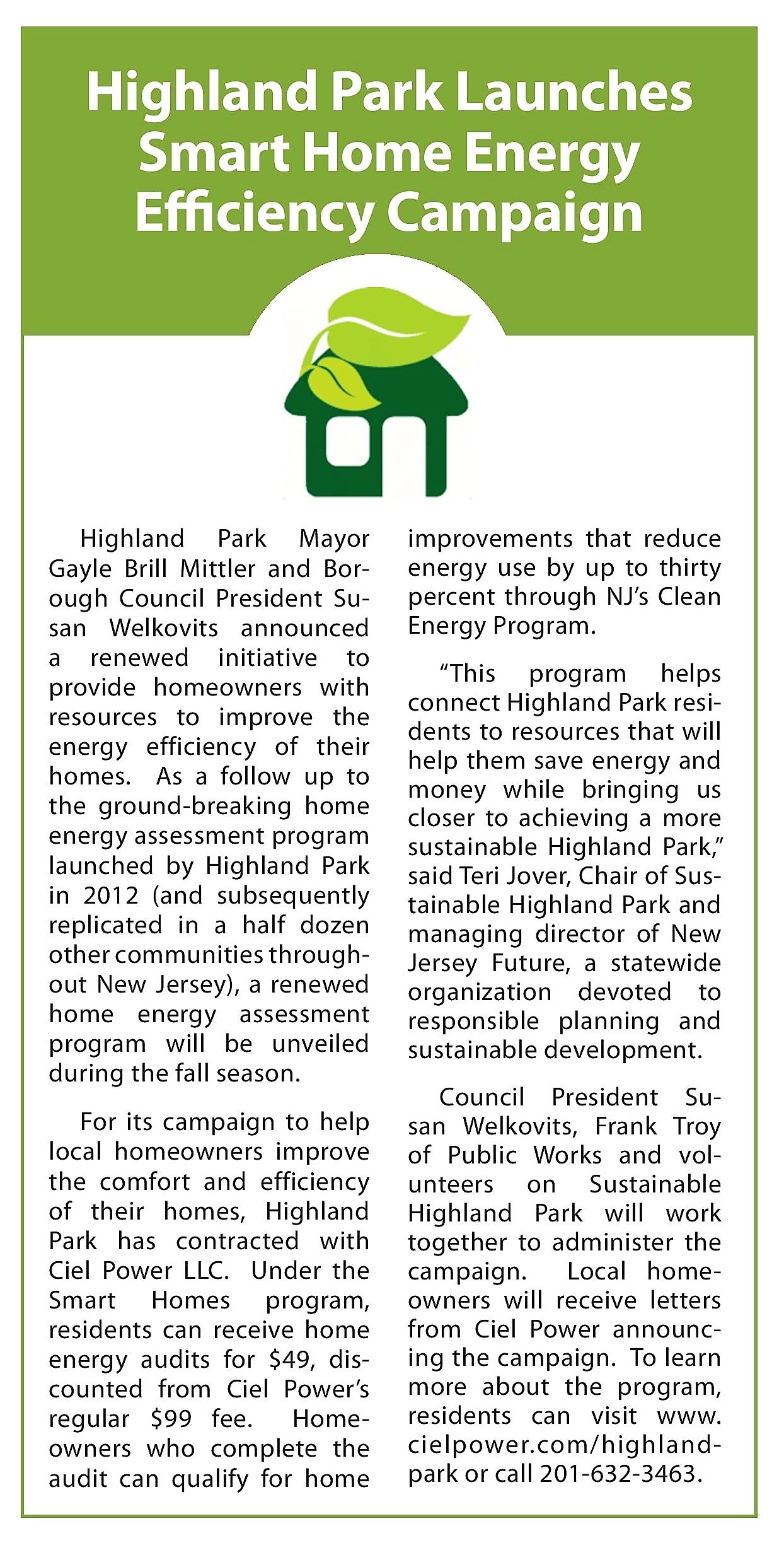 Highland Park's Smart Home Energy Efficiency home energy audit campaign kick off is featured in the Highland Park News