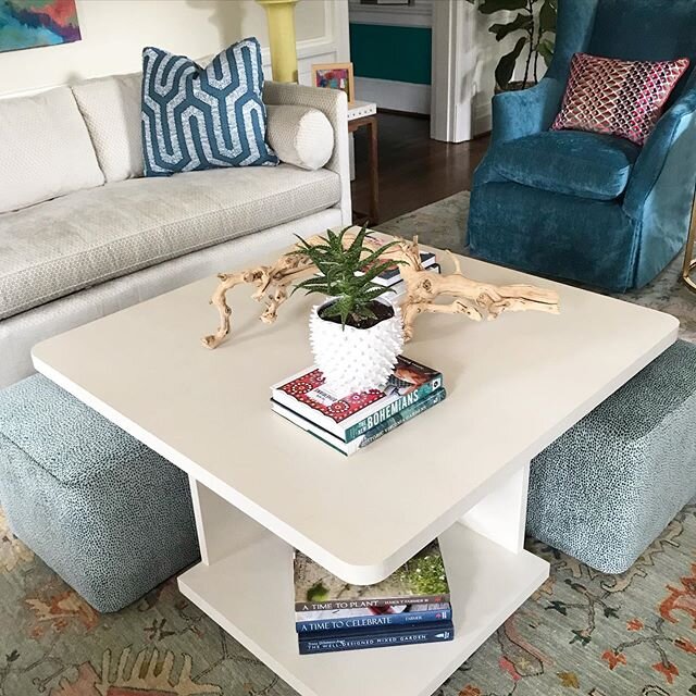 We want to take a minute to highlight the coffee table from a recent post! It is so beautiful and functional...2 ottomans ➕ 2 styling shelves🤩Best of both worlds! And the fabric we found for the ottomans was perfect but a little dark, so we upholste