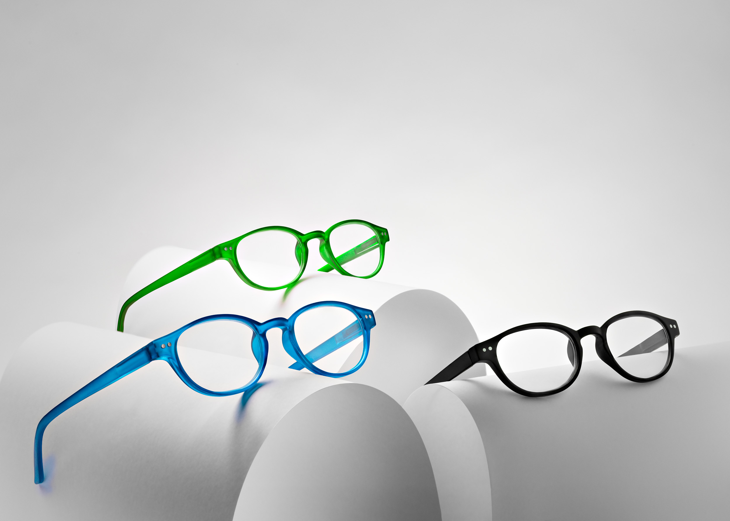 Blue, Green and Black Glasses | Commercial Product Shot 