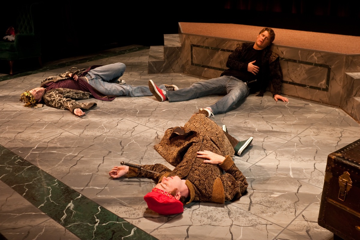 Jim Goza, Jordan Haynes, and Liam Selvey in The Complete Works of William Shakespeare (2009).