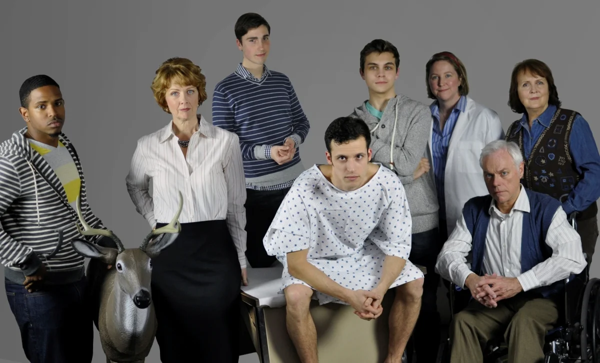 J.P. Green, Kathleen Darcy, Matthew Klinger, Michael Bradley Cohen, Mason Azbill, Lara Jo Hightower, Bill Rogers and Shirley Hughes in Sons of the Prophet (2013). Photo by Bettencourt Chase Photography.