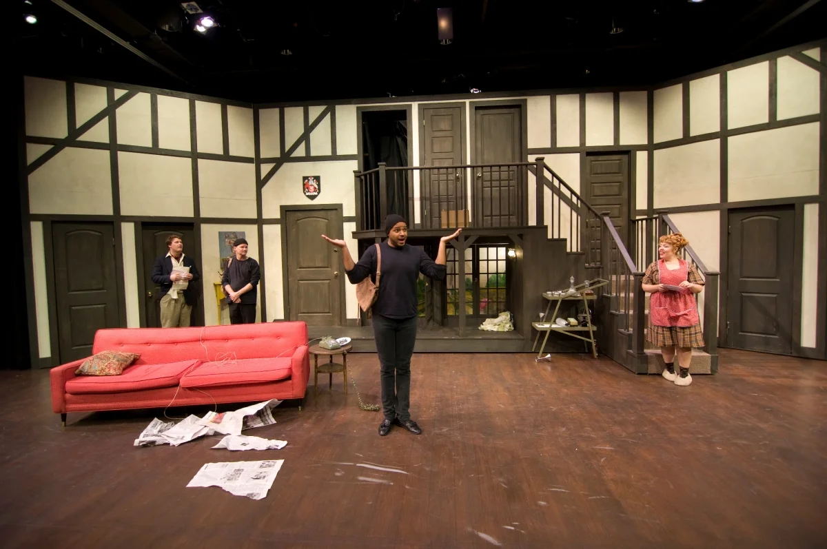 Jordan Haynes, Mark Landon Smith, Justin Cunningham, and Erika Wilhite in Noises Off (2012). Photo by Bettencourt Chase Photography.