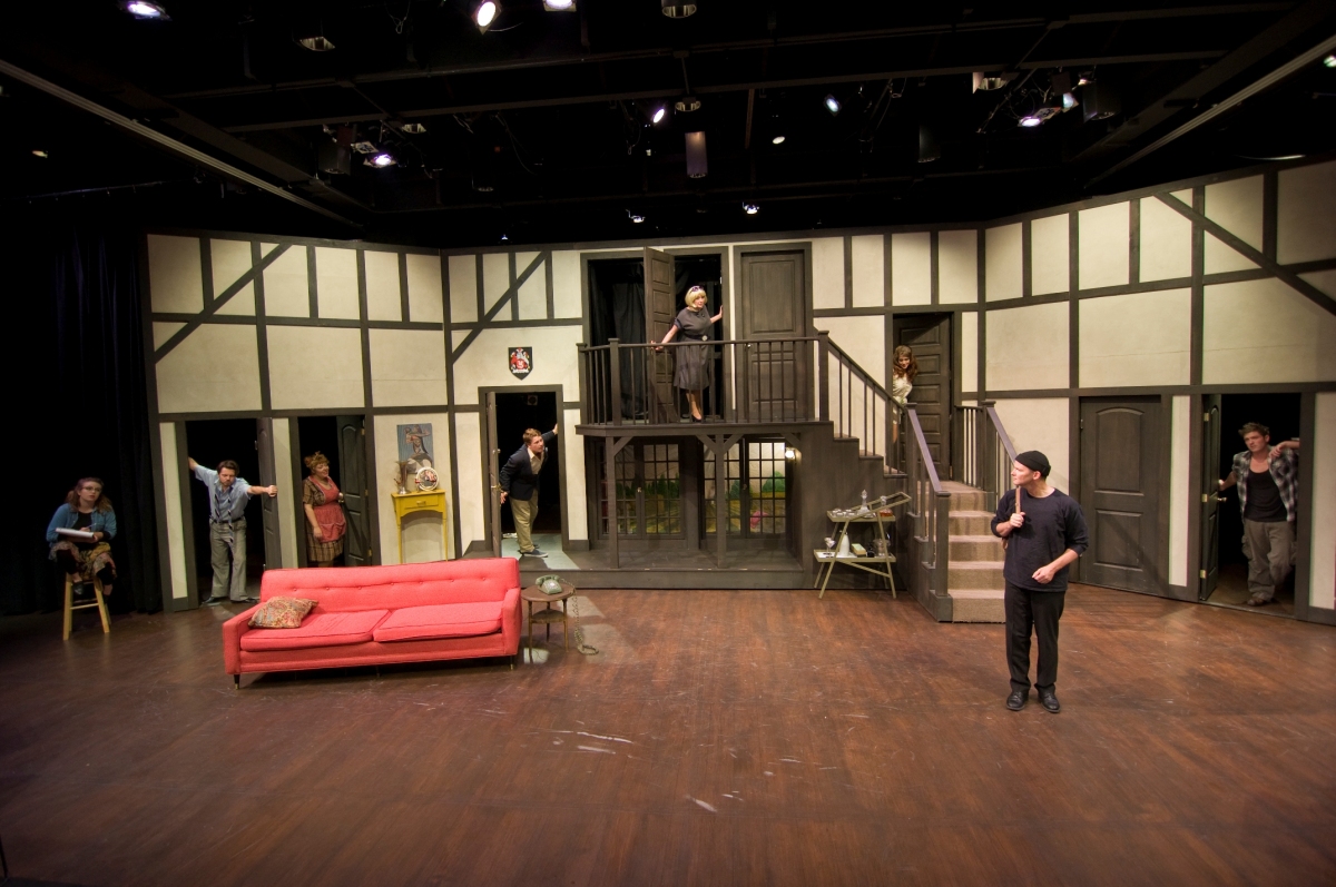 Sarah Jane Robinson, Kristopher M. Stoker, Erika Wilhite, Jordan Haynes, Kathy Logelin, Arianne Ellison, Mark Landon Smith, and Chris Crawford in Noises Off (2012). Photo by Bettencourt Chase Photography.