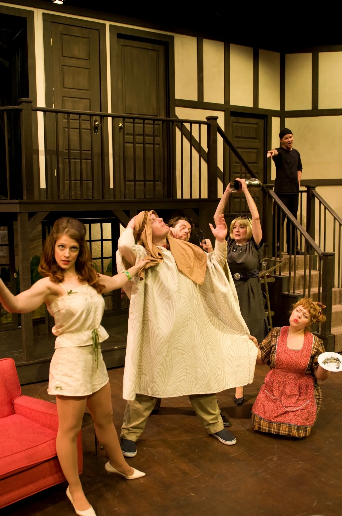 Arianne Ellison, Jordan Haynes, Kristopher M. Stoker, Kathy Logelin, Erika Wilhite, and Mark Landon Smith in Noises Off (2012). Photo by Bettencourt Chase Photography.