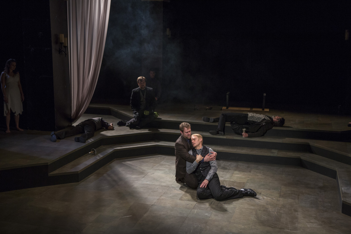 Courtneay Sanders, Jason Shipman, James Taylor Odom, Nick Savin, Bryce Kemph, Grant Goodman, Troy Schremmer in Hamlet (2014). Photo by Beth Hall. 