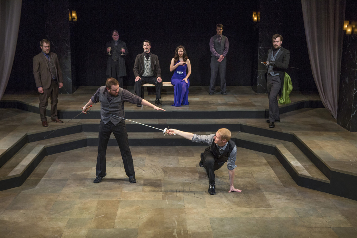 Bryce Kemph, Jason Shipman, Kathy Logelin, Troy Schremmer, Amy Herzberg, Nick Savin, Grant Goodman, James Taylor Odom in Hamlet (2014). Photo by Beth Hall. 