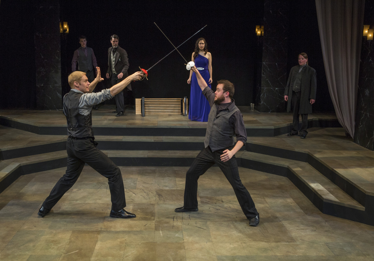 Grant Goodman, Nick Savin, Troy Schremmer, Amy Herzberg, Jason Shipman, Kathy Logelin in Hamlet (2014). Photo by Beth Hall. 