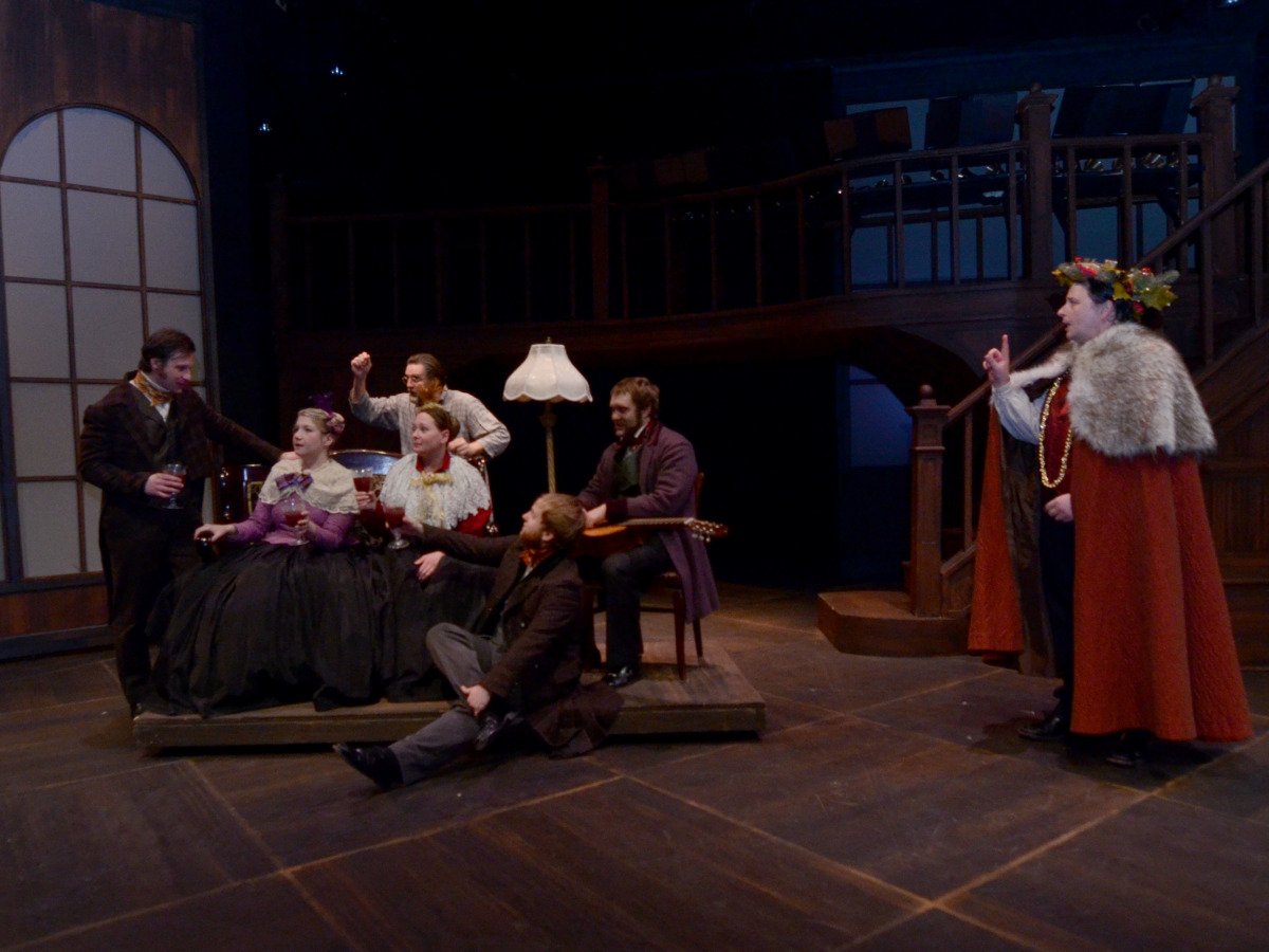 Justin Scheuer, Jenny Guy, Jeffrey Baumgartner, Kathy Logelin, Nate Stahlke, Bryce Kemph, and John T. Smith in A Christmas Carol (2013). Bettencourt Chase Photography. 