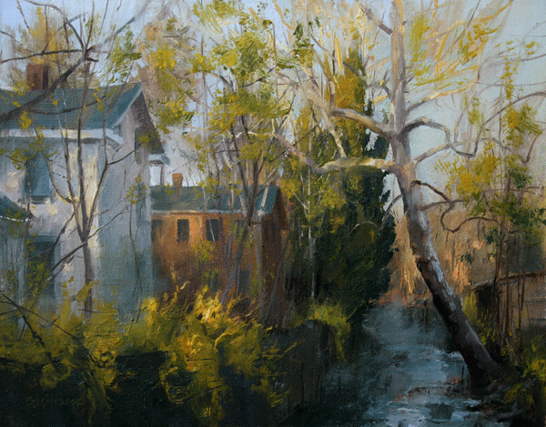"Spring Evening, Carversville" 11" x 14" oil Highlands Art Gallery