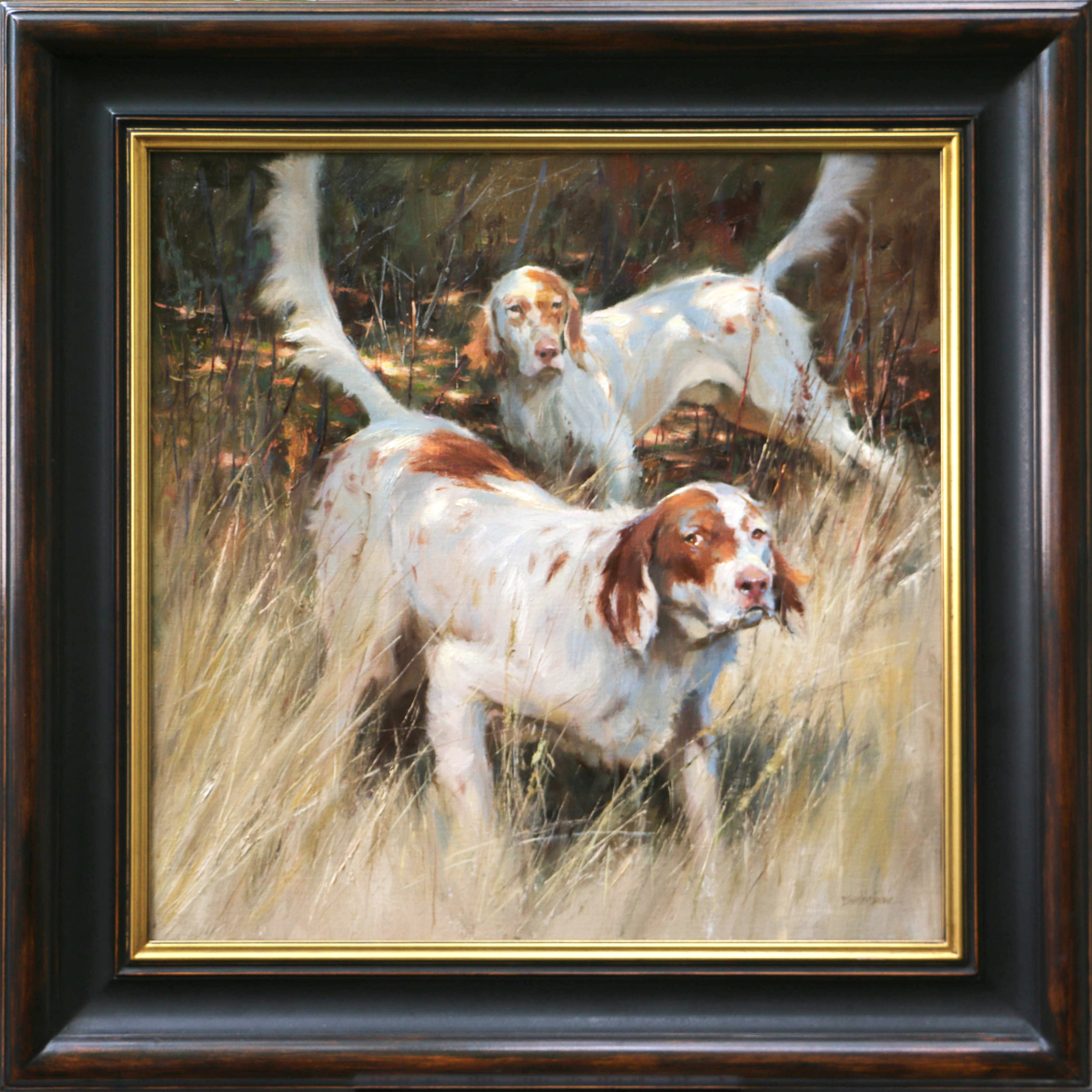  Honoring the Point, English Setters 26" x 26" oil &nbsp; 