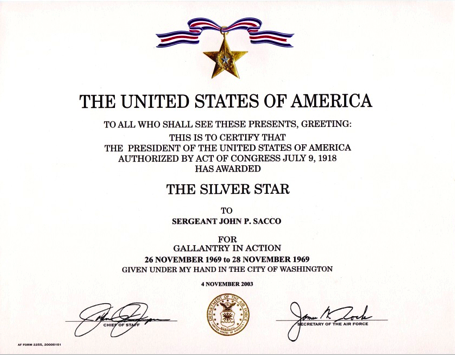 John Sacco's Silver Star certificate