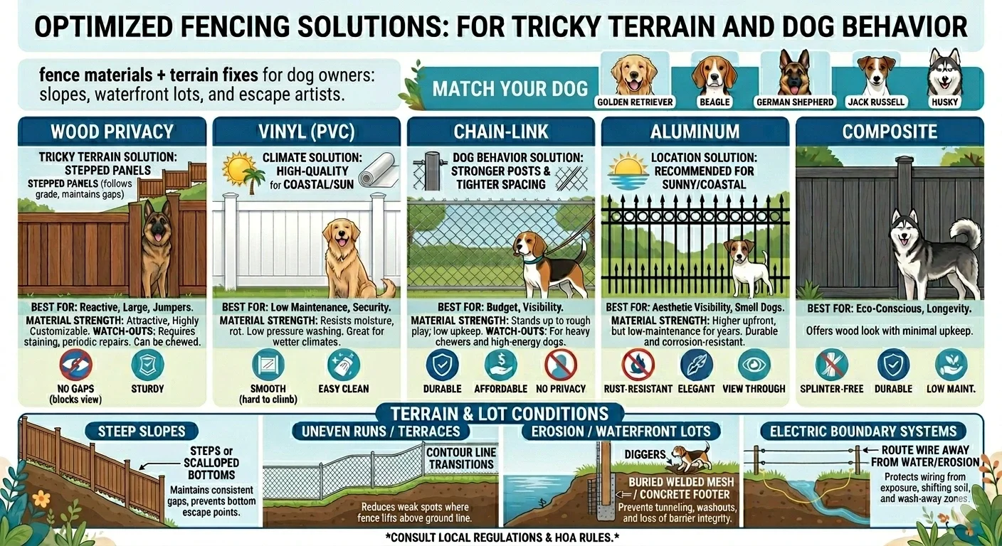K&C Fence infographic comparing wood privacy, vinyl (PVC), chain-link, aluminum, and composite privacy fence options with terrain solutions for steep slopes, uneven yards, and waterfront erosion to match dog behavior.