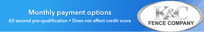 K&C Fence Company in Nashville, TN showcases a blue banner promoting monthly payment options with 60‑second pre‑qualification that does not affect credit score.