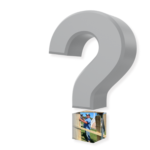 A large question mark graphic with a K&C Fence installer building a wood privacy fence, representing frequently asked questions for K&C Fence in Nashville, Tennessee.