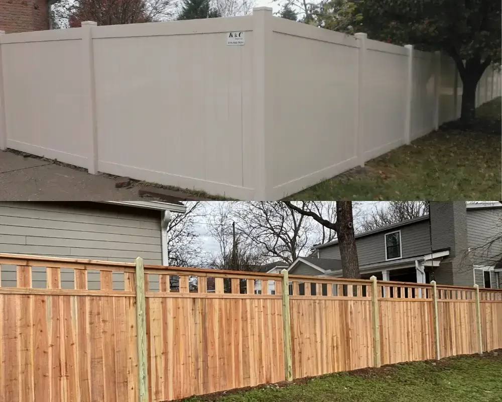 A side-by-side comparison by K&C Fence shows a white vinyl privacy fence above a natural wood privacy fence installed around residential properties in Nashville, Tennessee.