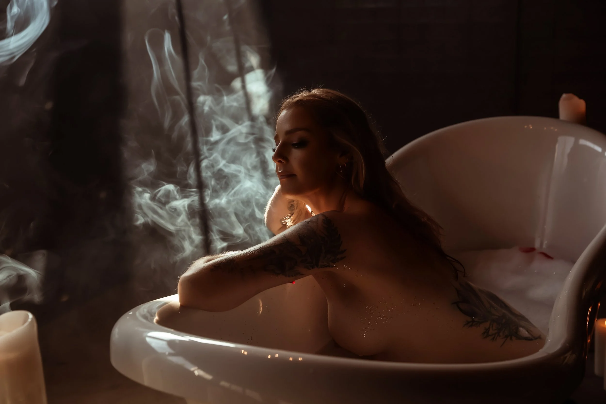 Boudoir dark moody glam bathtub Edmonton Photography