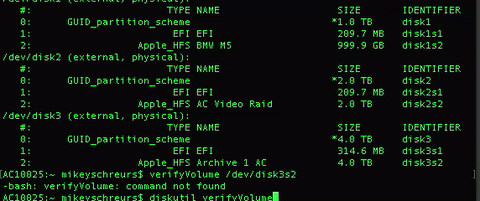 Here I type, diskutil verifyVolume /dev/disk3s2 diskutil tells terminal I am performing a disk command. verifyVolume is the disk utility common. /dev is referring to your computer i.e. my Mac Pro. /disk3 is the hard drive and disk3s2 is the partition of the drive I am working on.