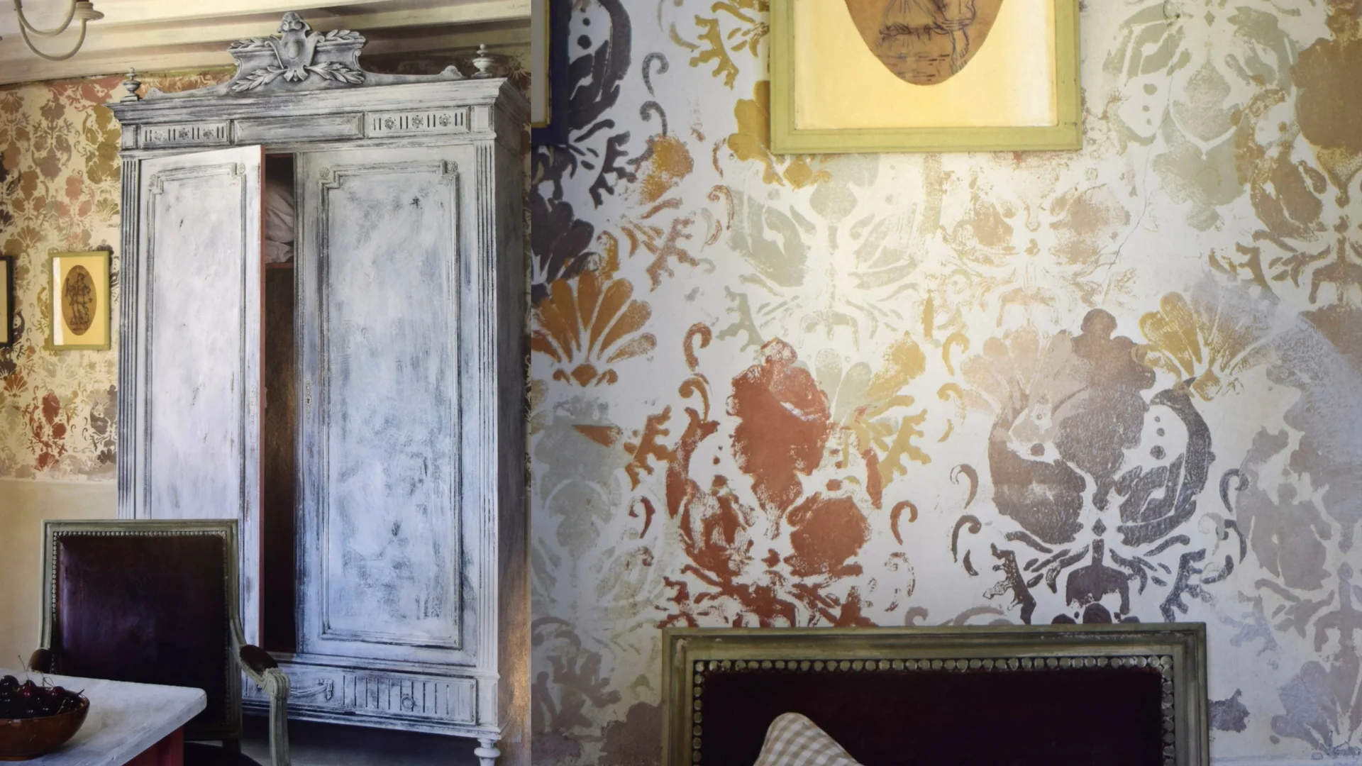 Layers of paints and glazes using pattern and distressing to give a worn wallpaper look. Stenciled patters can also be applied in more of a clean modern fashion like the metallic allover pattern pictured below. Customize pattern, colours and style to suit your space.