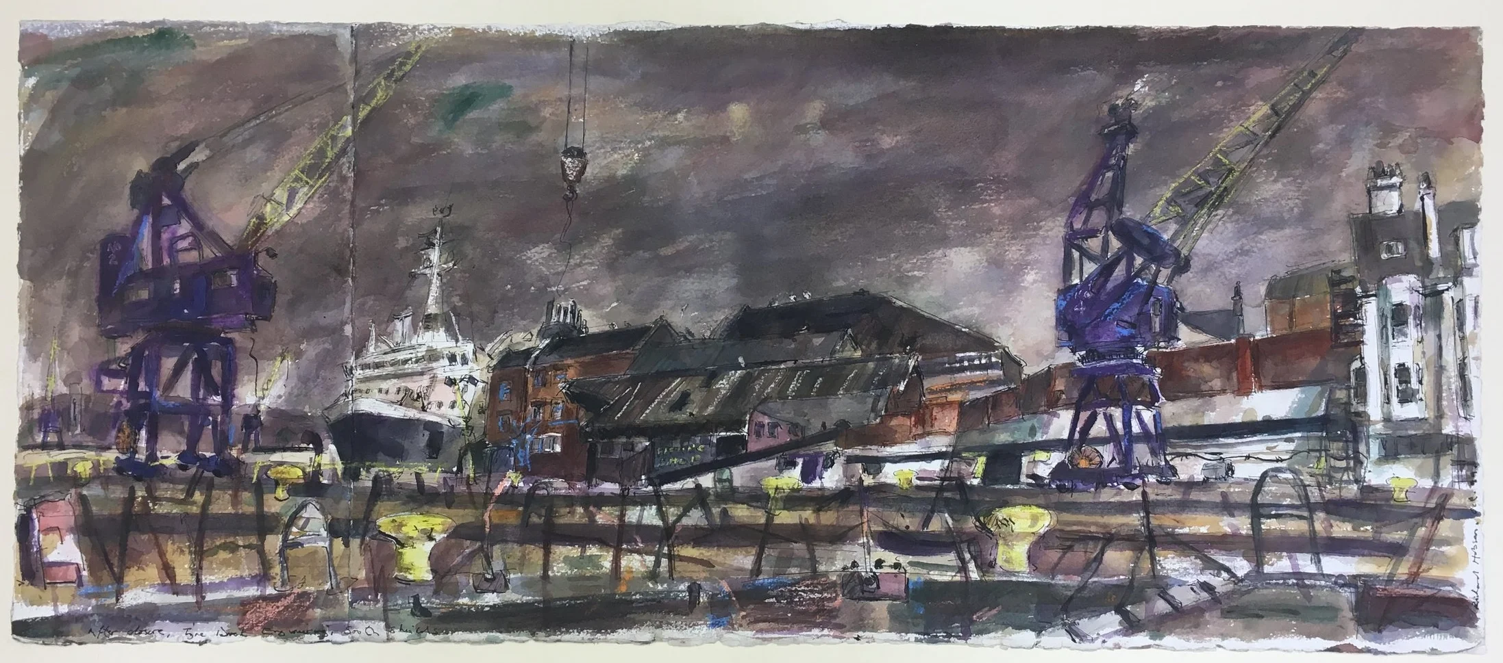 After Closure, Tyne Dock Engineering, South Shields, 1999 Ink, watercolour and pastel on paper 42.4 x 99.1cm
