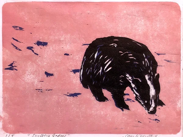 Snuffling Badger Reduction linocut Variable edition of 5 16 x 21cm