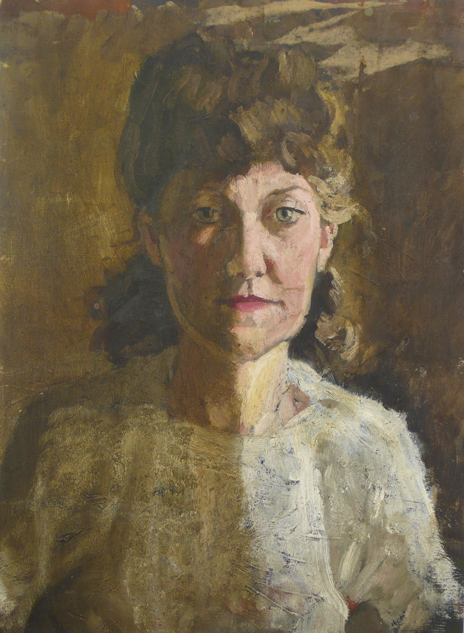 Illustrated: An oil painting affected by nicotine is photographed mid-clean.