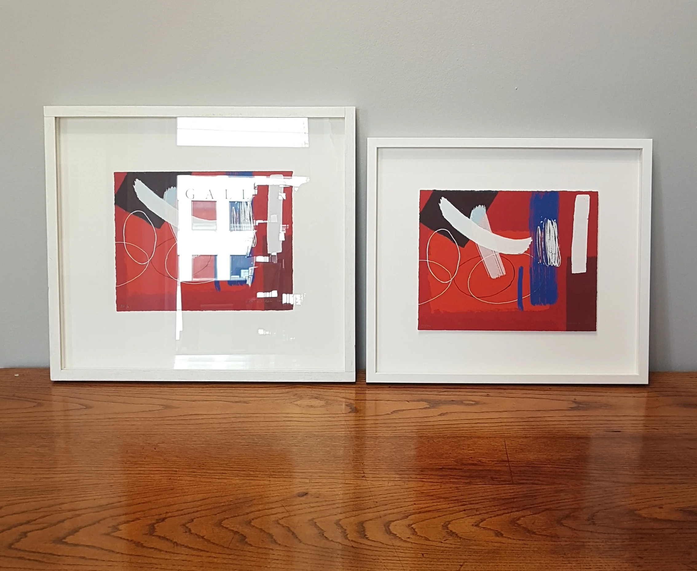 An example of the difference anti-reflective glass can make on these identical prints by Wilhelmina Barns-Graham CBE, with crisp detail and full, rich colour visible with the specialist glazing on the right.