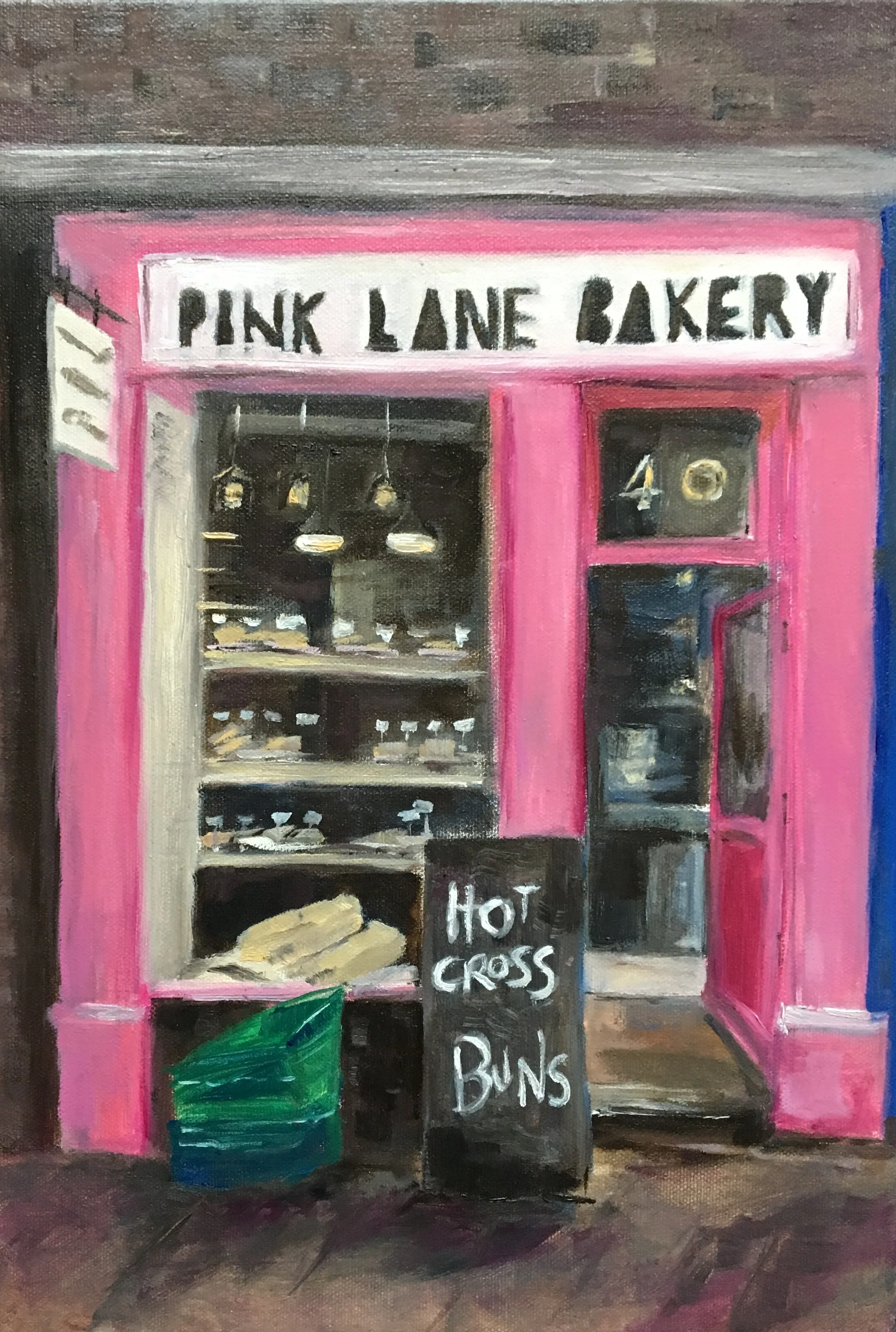 Pink Lane Bakery , Oil on canvas, Maria Laffey