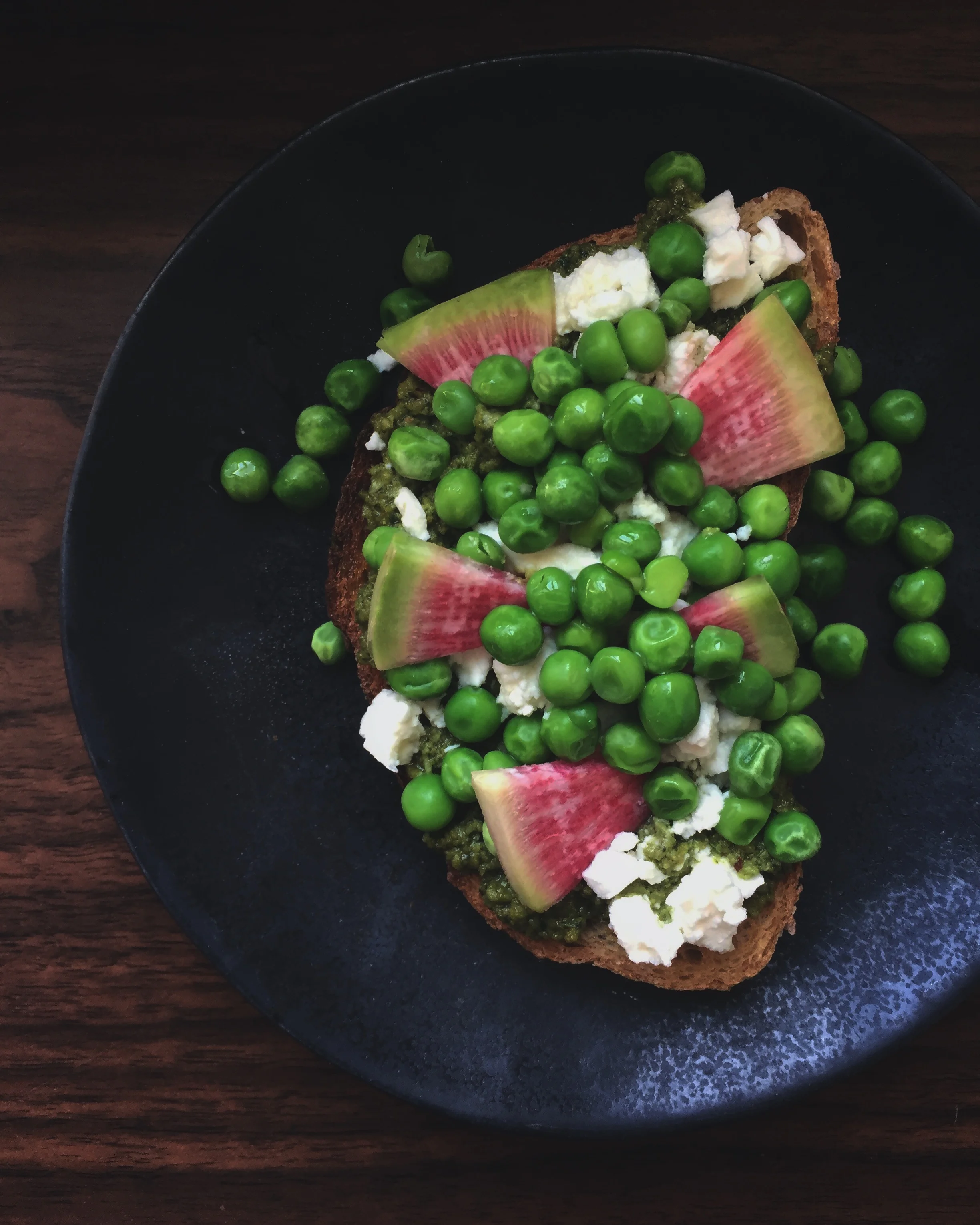 Radish &amp; Pea Toast w/ Feta and Mint &amp; Pistachio Pesto 