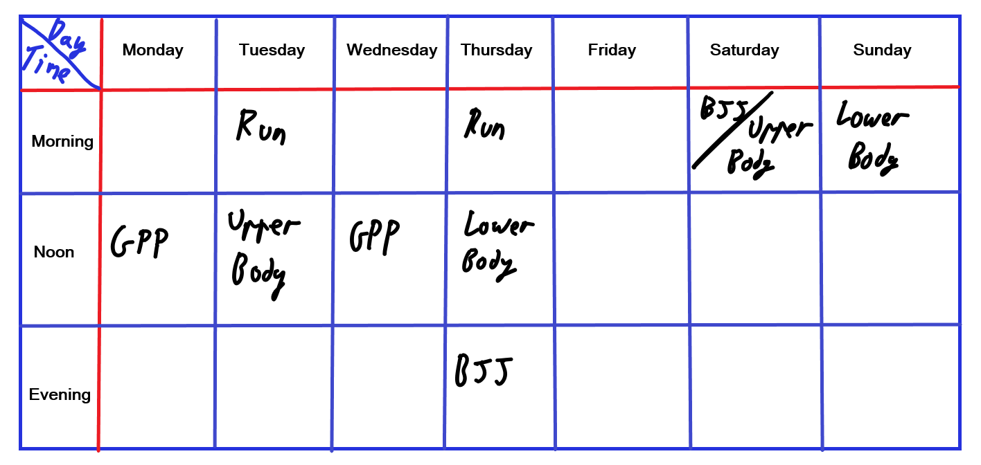 GPP = general physical preparedness. These sessions were sort of a mix of pushups, pullups, and sort of basic healthy movements. Sessions a week: between 8 and 10. Total time training a week: 8 to 11 hours.