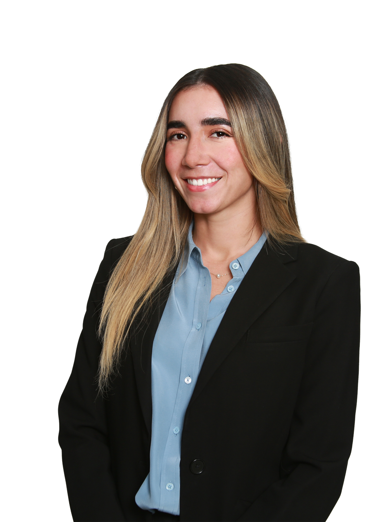 A woman with long blonde hair, wearing a black blazer and a light blue button-up shirt, smiling at the camera.