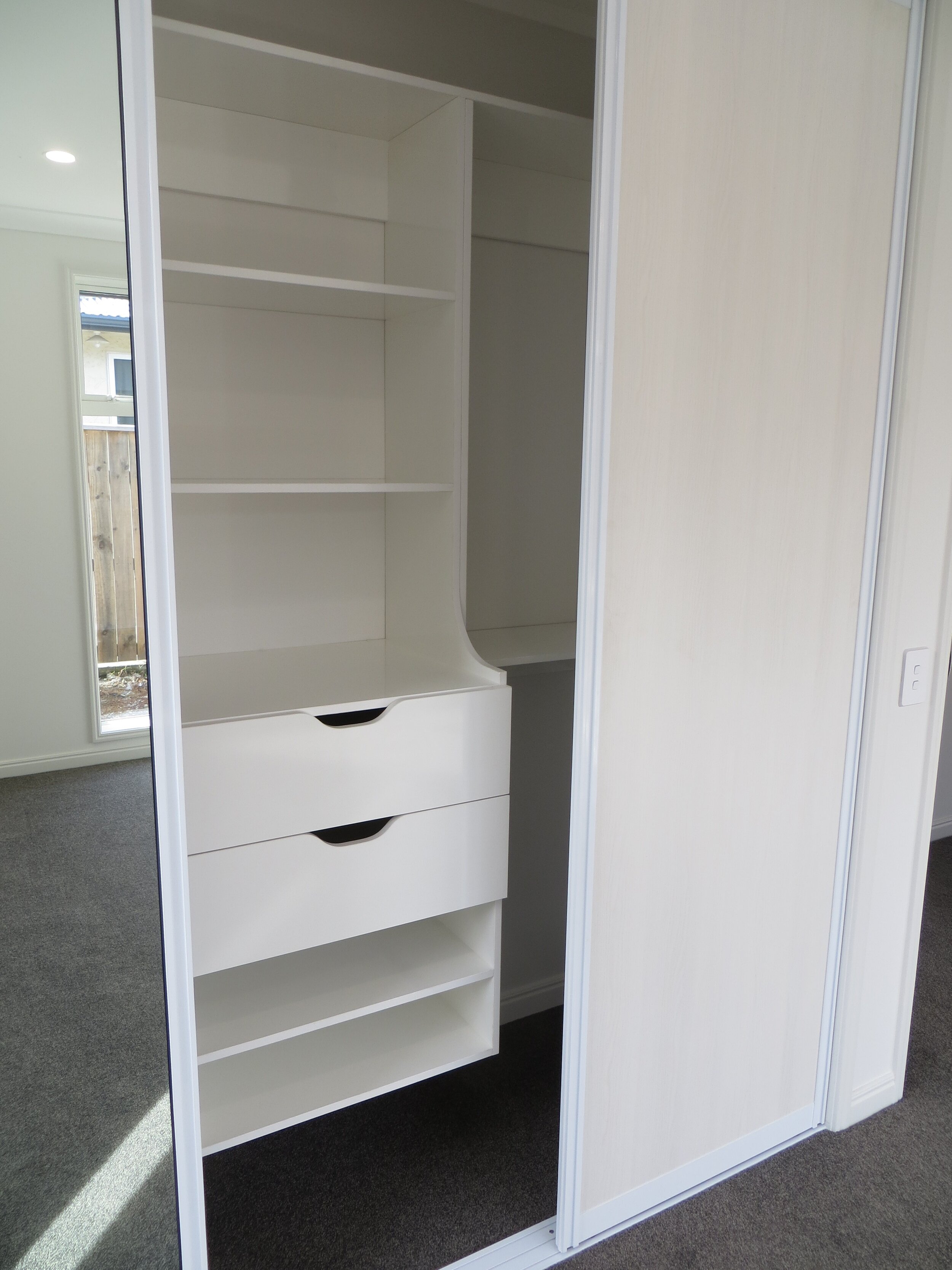 Pre-finished Shelving, drawers, hanging with Aluminium pre-finished wardrobe doors
