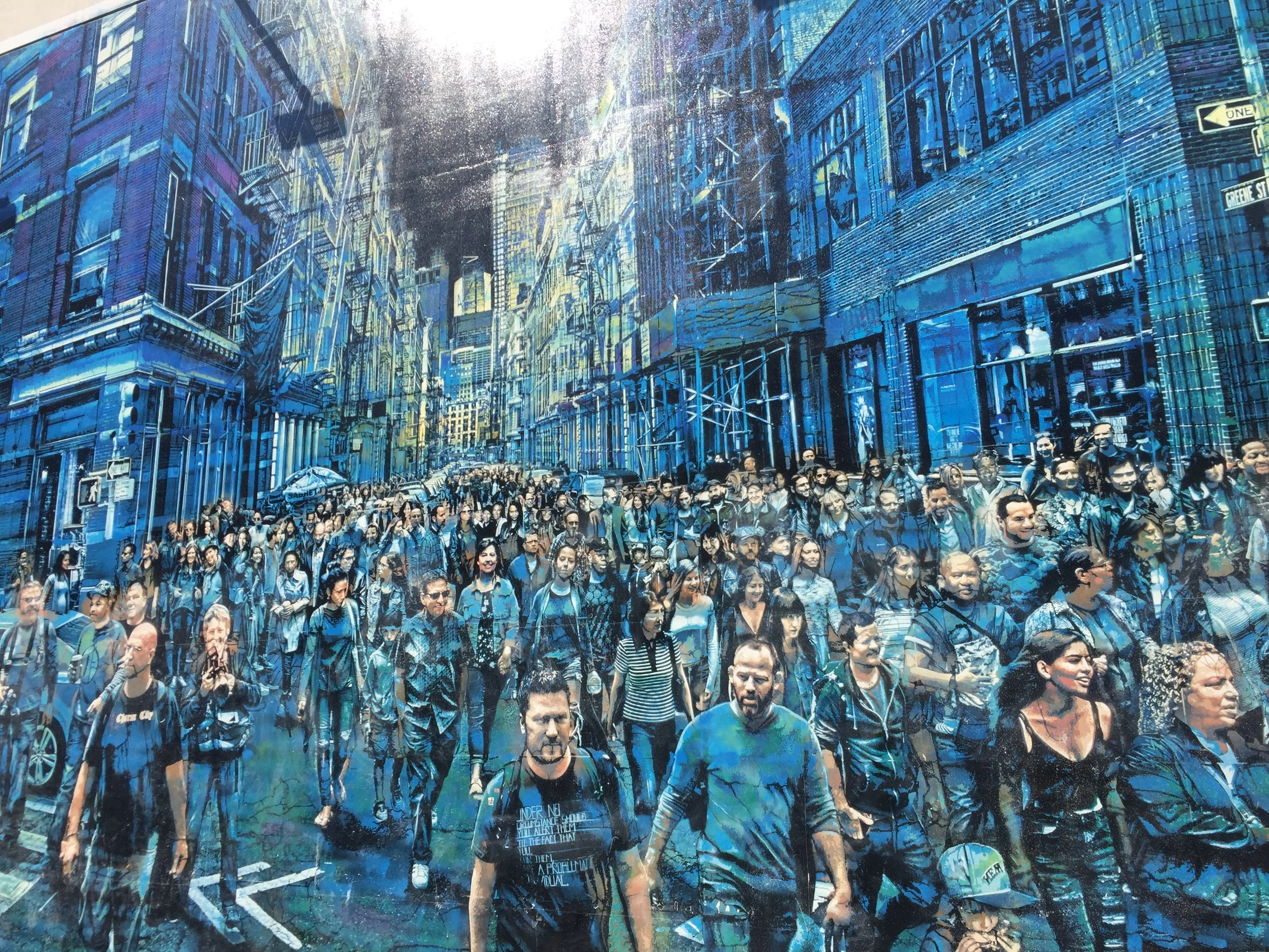 The amazing, life-like crowd scene on Bowery captures characters from the artist Logan Hicks' 10 years in NYC.