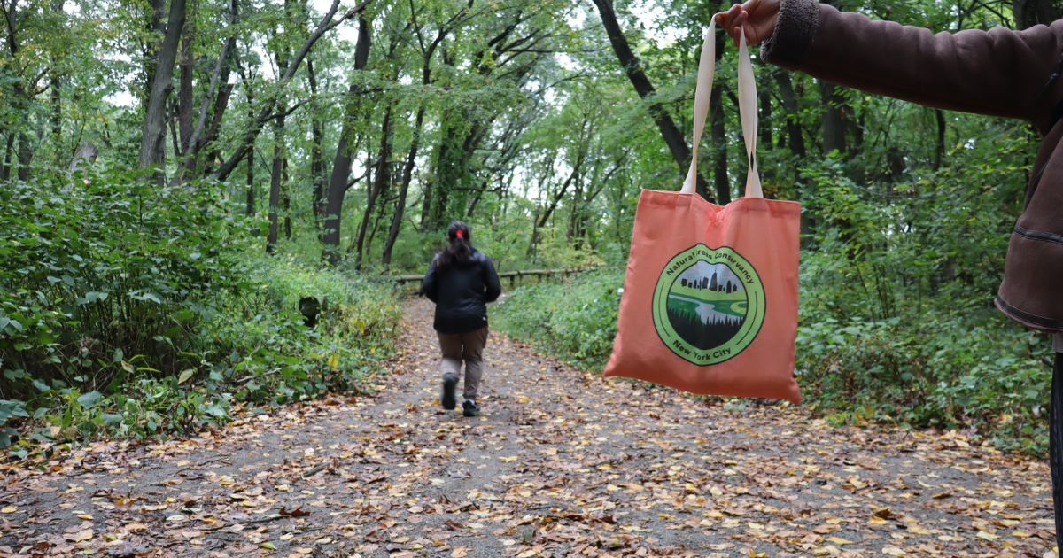 Runner on trail and bag held up at Forest Park Queens 5K